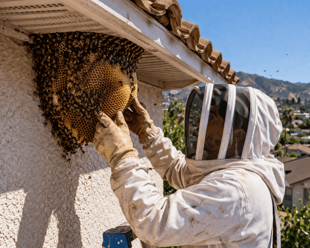 Professional bee removal technician handling a hive on a house exterior in Santee.