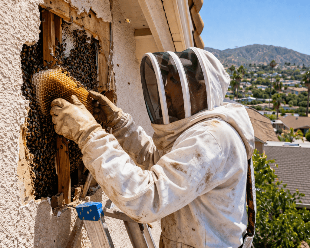 Expert bee removal technician safely removing honeycomb from house wall in El Cajon.