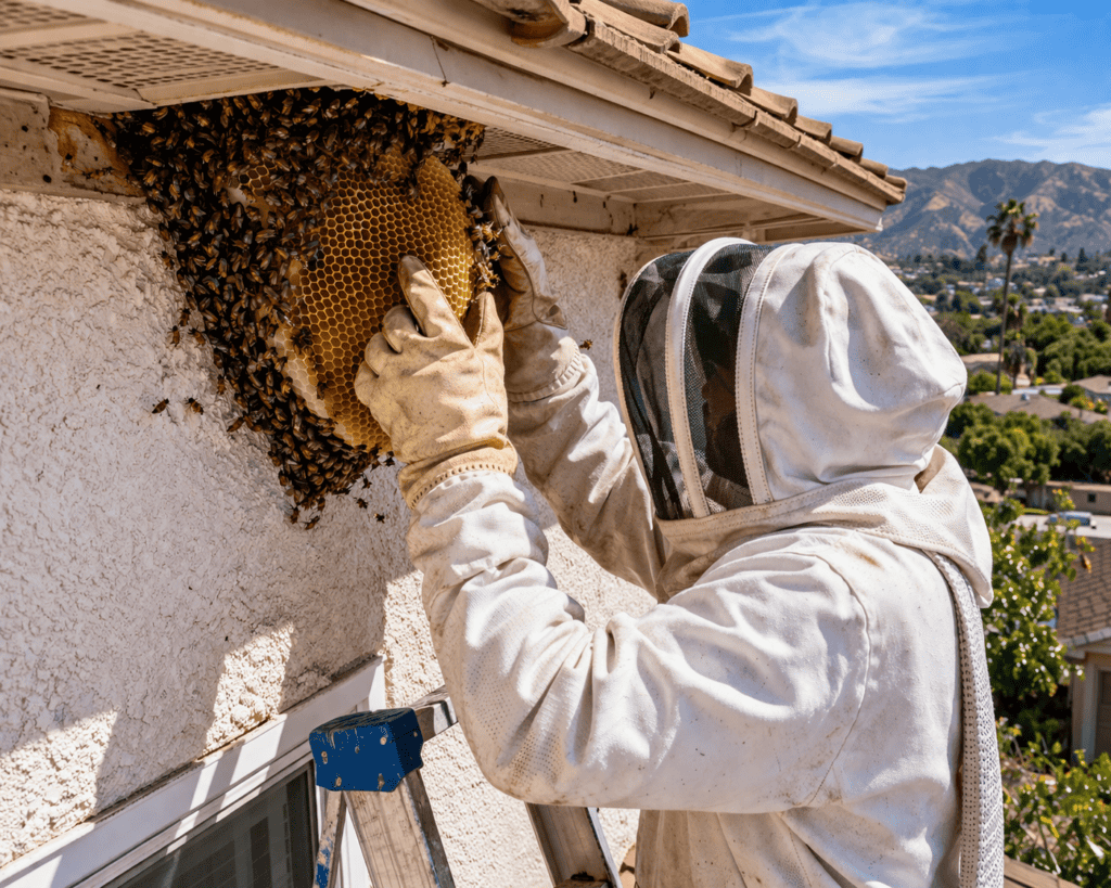Bee removal technician inspecting honeybee hive on house exterior in La Mesa.