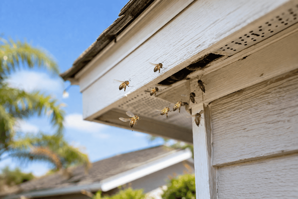Bees hovering around roof eaves, scouting for hive sites.