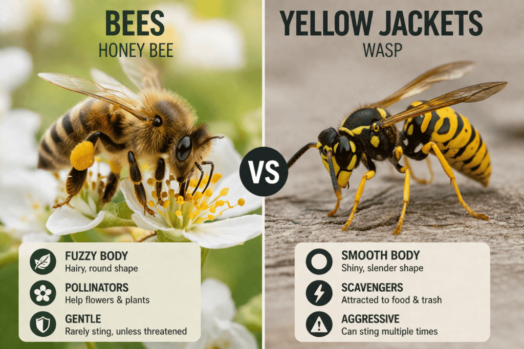 Comparison of honey bees and wasps with key features for identification.