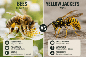 Comparison of honey bees and wasps with key features for identification.