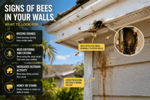 Signs of bee activity in wall openings, including buzzing sounds and honey stains.