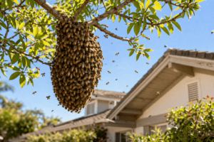 Swarm of bees clustered in a hive on a tree branch during bee season in San Diego.